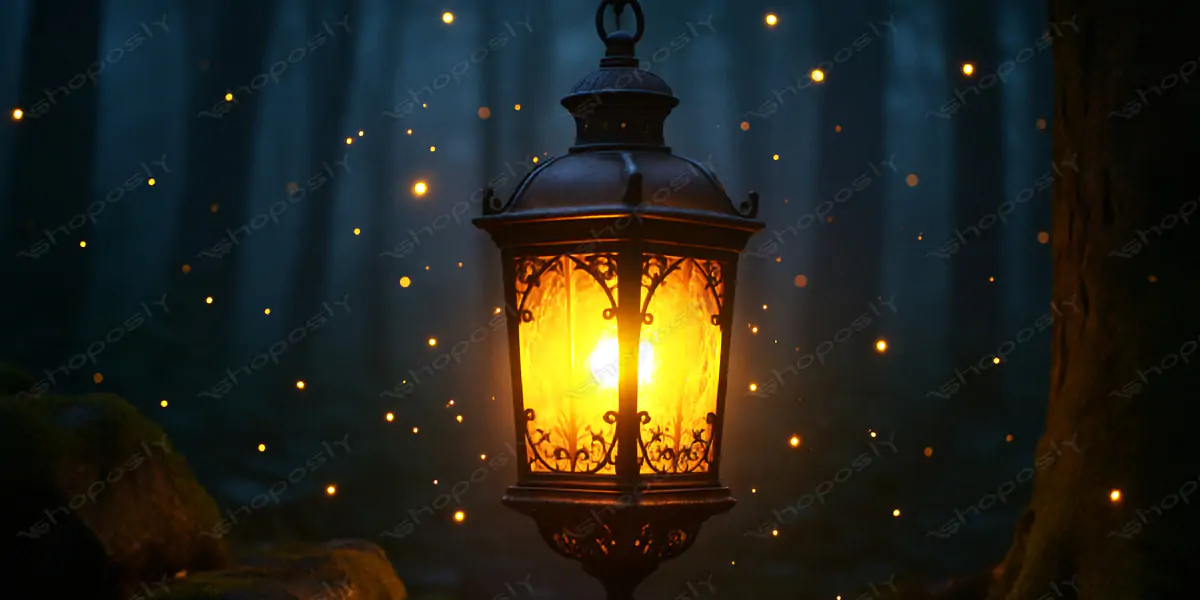 Mystical Lantern in Enchanted Forest at Dusk – Glowing Vintage Light Surrounded by Fireflies