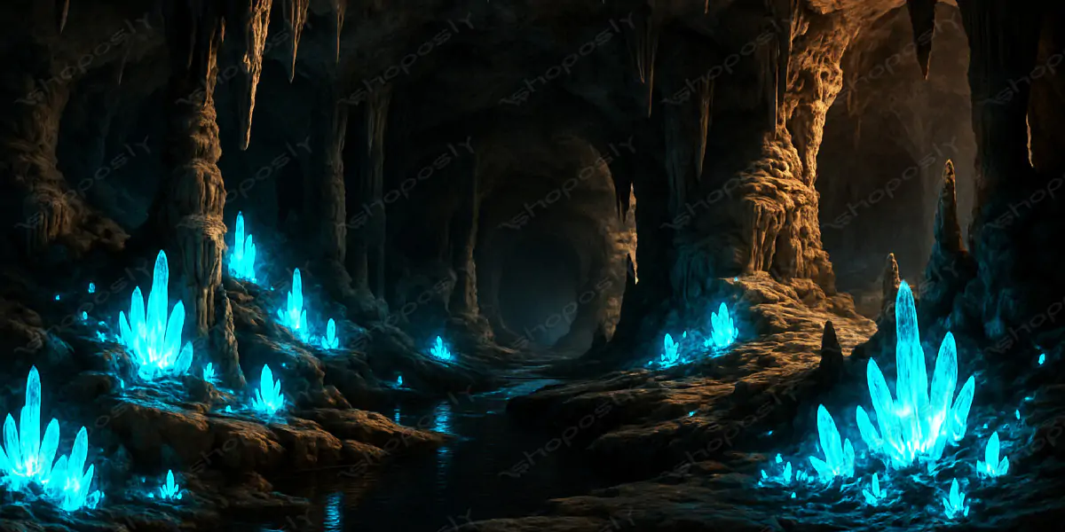 Bioluminescent Cavern Grandeur – Mystical Glow of Crystal Caves in Ultra-High Resolution (4500 x 300