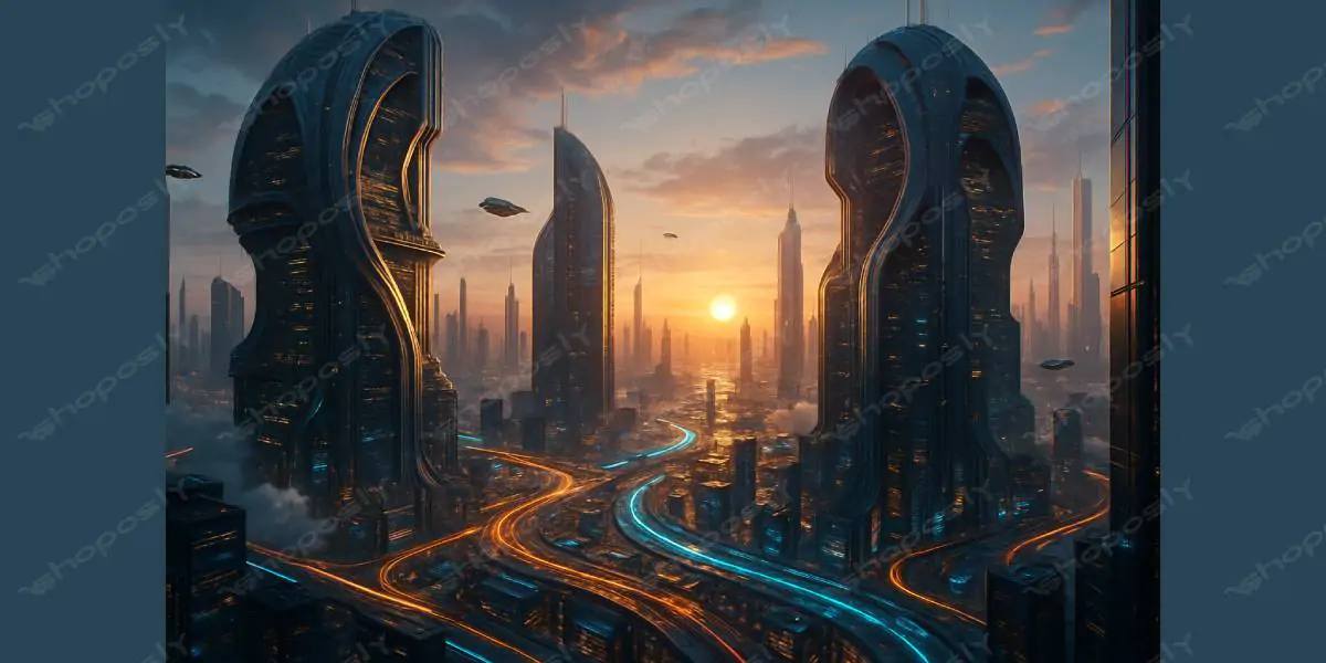 Futuristic Cityscape at Sunset – Neon Megastructures & Sky Traffic – 1536 x 1024 Pixels