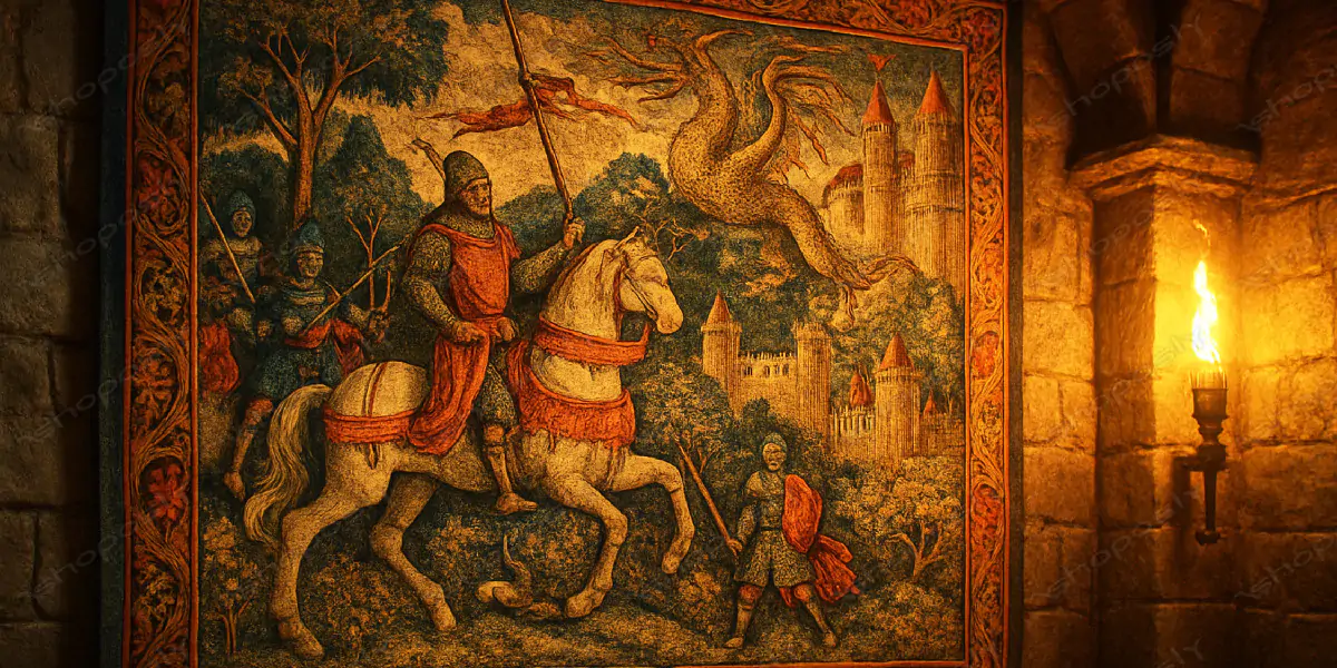 Medieval Tapestry Scene – Knightly Valor and Dragon Lore in Historic Castle Glow (4500 x 3000 px)