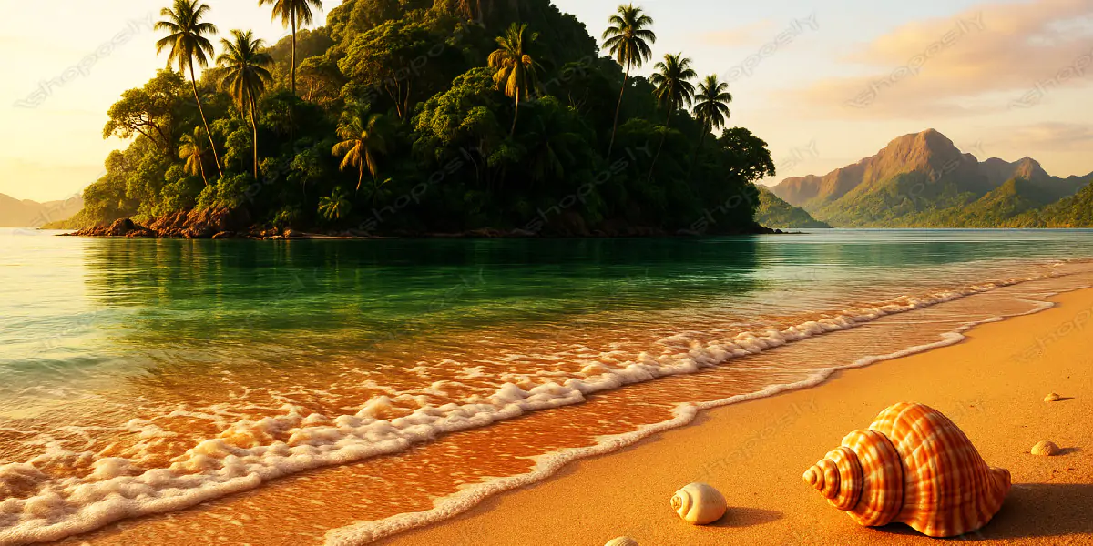 Tropical Sunset Oasis – Realistic AI Artwork of Serene Island and Seashell Beach (4500 x 3000 px)