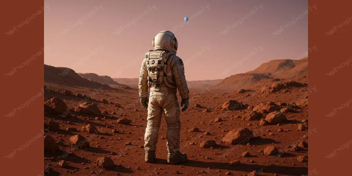 Astronaut's Martian Gaze – Surreal Red Planet Exploration with Earth in the Sky – 1536 x 1024 Pixels
