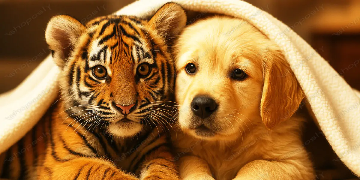 Tiger Cub and Golden Retriever Puppy Snuggled Under a Blanket –High-Resolution Heartwarming Wildlife