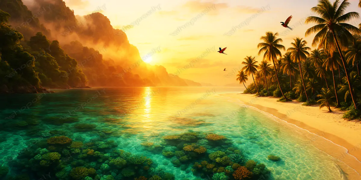 Tropical Sunrise Panorama – Super Realistic AI Image of Coral Lagoon and Palm-Fringed Beach
