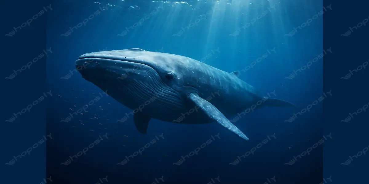 Majestic Blue Whale Under Sunlit Ocean – 1536 x 1024 Pixels, DPI: 72 Pixels/Inch – PNG Format