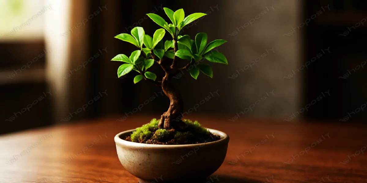 Miniature Bonsai Serenity – Hyper-Realistic AI Artwork of Tranquil Green Bonsai Tree in Ceramic Pot