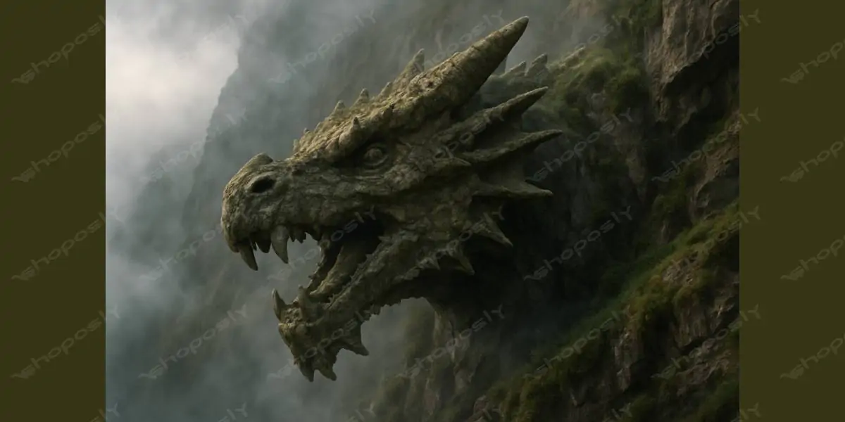 Stone Dragon Awakens – Mythic Cliffside Sculpture in Mist – 1536 x 1024 Pixels, DPI: 72 Pixels/Inch
