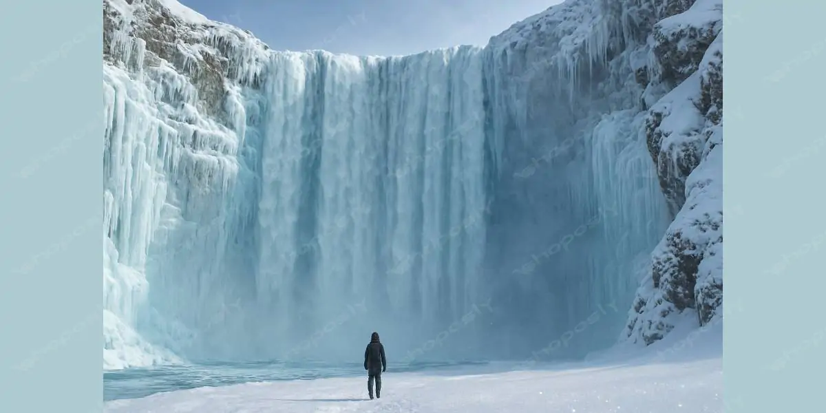 Frozen Waterfall Encounter – Icy Winter Landscape with Explorer – 1536 x 1024 Pixels, DPI: 72 Pixels