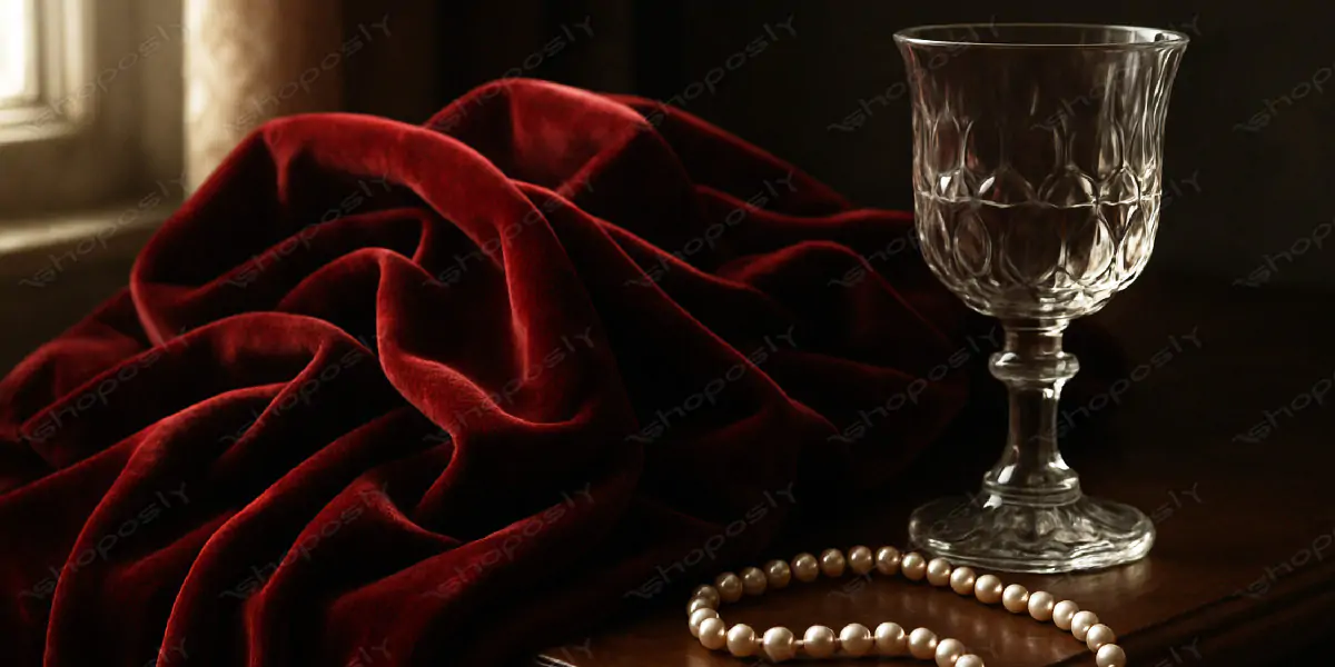 Luxurious Velvet Still Life with Crystal Goblet and Pearl Necklace – High-Resolution 4500x3000 Image