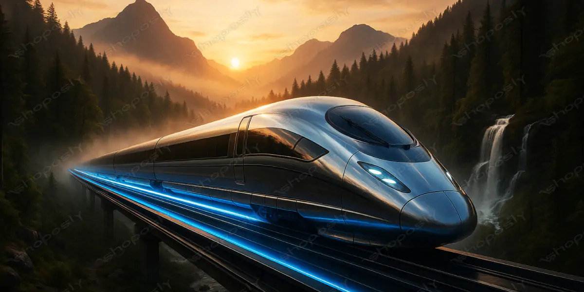 Futuristic Bullet Train Through Mountain Sunrise – Ultra-Realistic AI Artwork of Next-Gen Transport