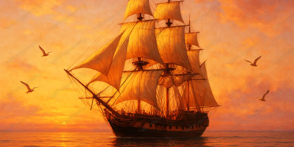 Majestic 18th-Century Sailing Ship at Sea – Realistic AI Artwork of a Tall Ship at Golden Sunset