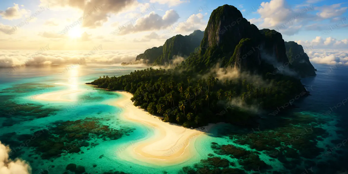 Heavenly Tropical Island at Sunrise – Hyper-Realistic Dreamscape Overlooking Crystal Reefs and ...