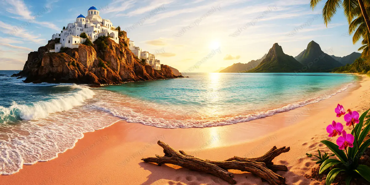 Tropical Pink Sand Beach & Mediterranean Village –Realistic AI Fantasy Landscape of Island Paradise