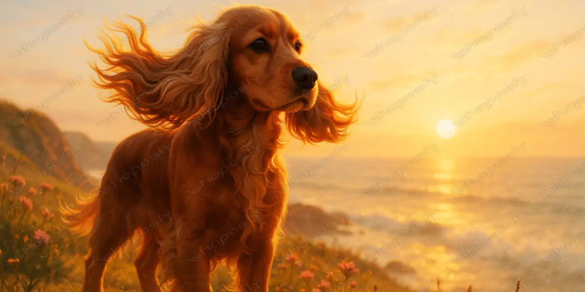 Golden Serenity – Ultra-Realistic Cocker Spaniel Overlooking a Coastal Sunrise (4500 x 3000 px)