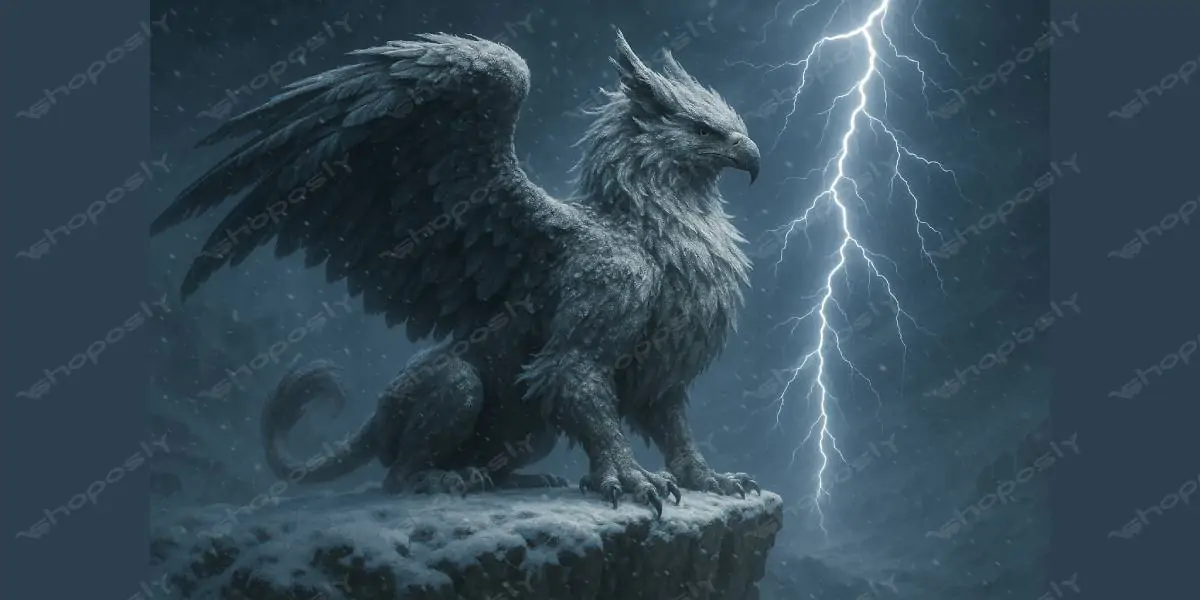 Stormbound Sentinel: Majestic Ice Griffin Under Lightning Skies