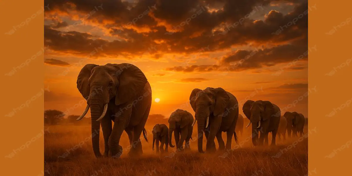 Elephants at Golden Sunset – Majestic African Wildlife March at Dusk – 1536 x 1024 Pixels