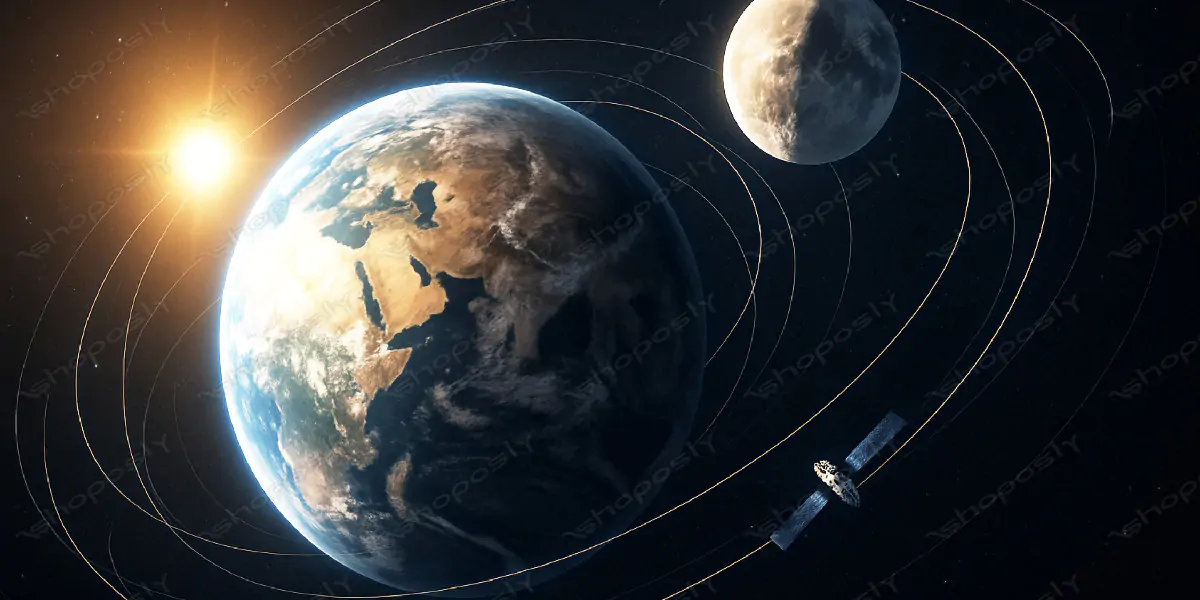 Earth, Moon & Satellite in Orbit with Sunlight – Realistic Space Scene of Planetary Motion