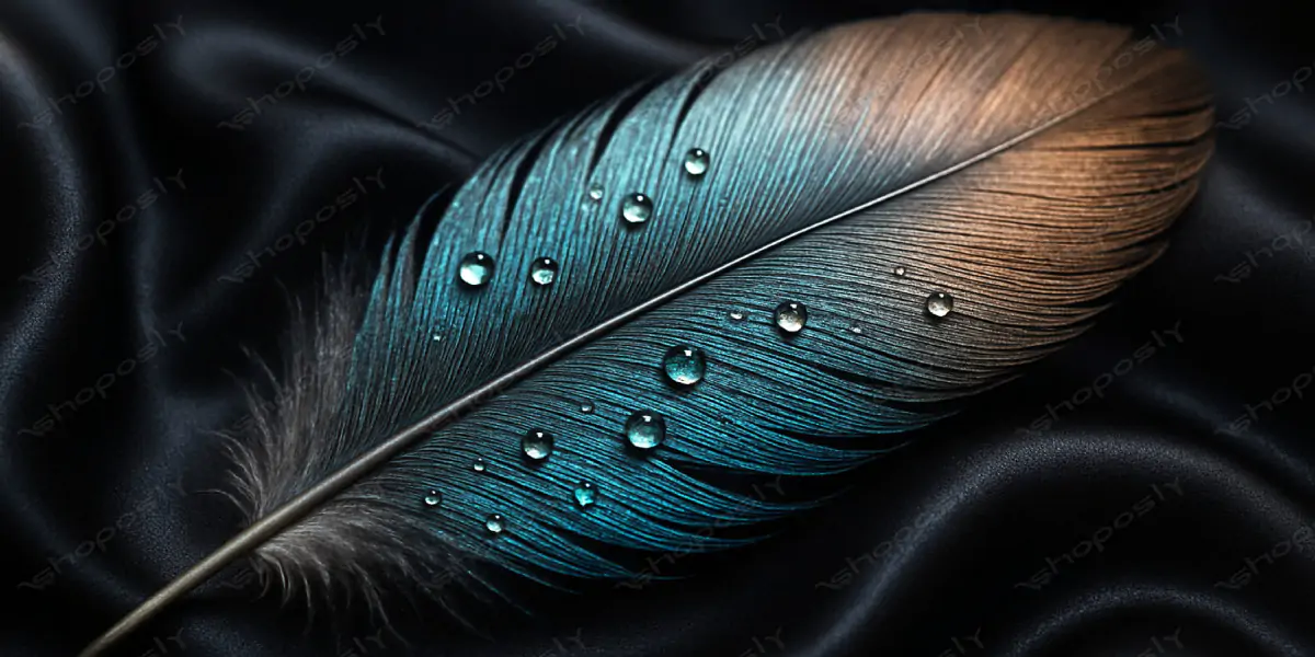 Iridescent Feather with Water Droplets on Black Silk – Hyper-Realistic Macro Still Life – 4500x3000