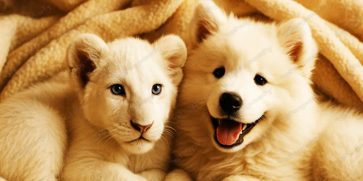 White Lion Cub and Fluffy Puppy Snuggled Under a Cozy Blanket –High-Resolution Heartwarming Portrait