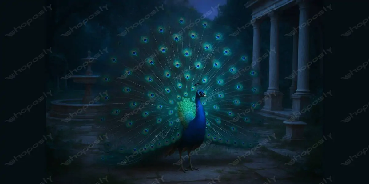 Royal Peacock Display – Elegant Bird with Full Feathers in Moonlit Courtyard – 1536 x 1024 Pixels, D