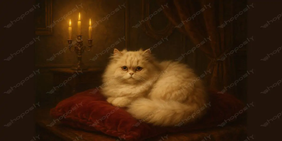 Victorian Elegance Fluffy Persian Cat in Candlelit Aristocratic Ambiance