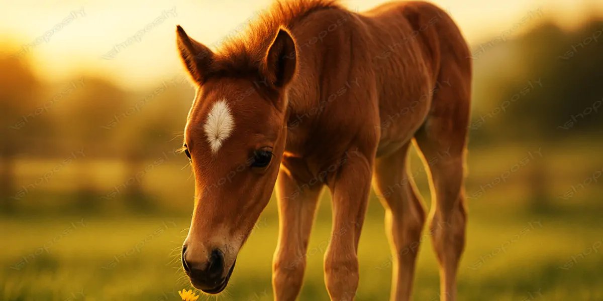 Innocent Foal's Golden Moment – Realistic AI Artwork of a Baby Horse Sniffing a Flower in Sunset