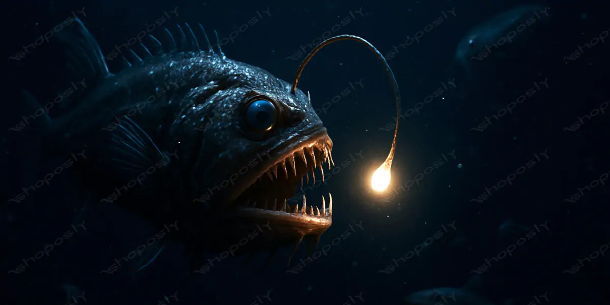Terrifying Beauty of the Deep – Glowing Anglerfish in the Abyss – Ultra HD 4500x3000
