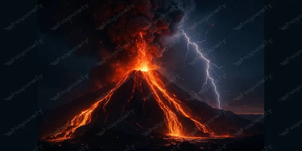 Volcanic Fury at Twilight – Eruption with Lightning Strike – 1536 x 1024 Pixels, DPI: 72 Pixels/Inch