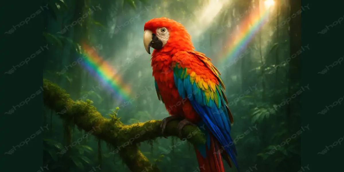 Radiance in the Rainforest: Scarlet Macaw Perched Beneath Double Rainbows