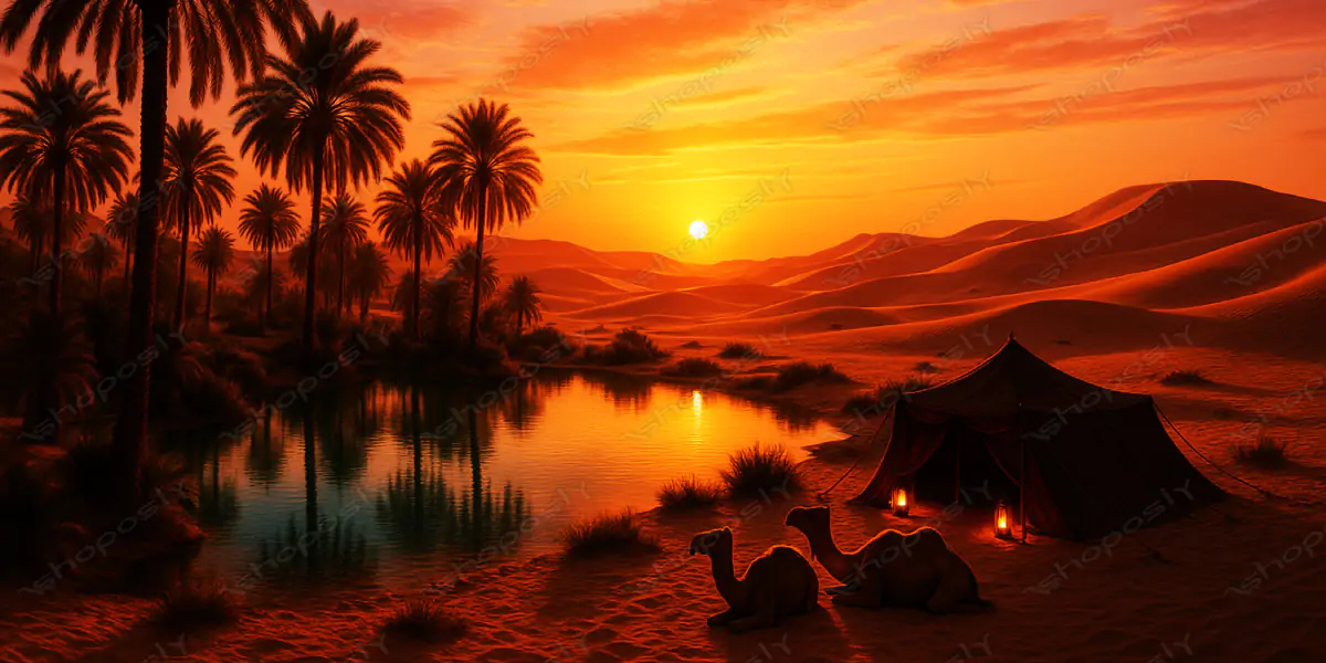 Crimson Glow Over Desert Oasis – Ultra-Realistic AI Artwork of Sunset Dunes, Palm Trees, Camels, ...