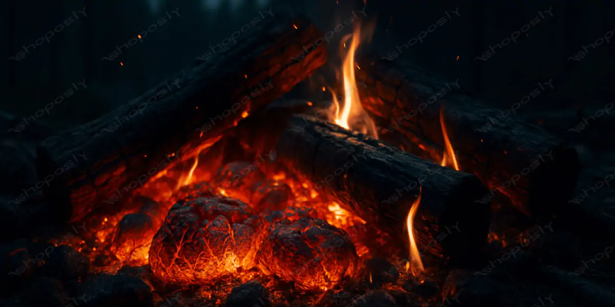 Campfire in the Forest: Glowing Embers and Burning Logs at Night – Ultra-Realistic 4500x3000 Image