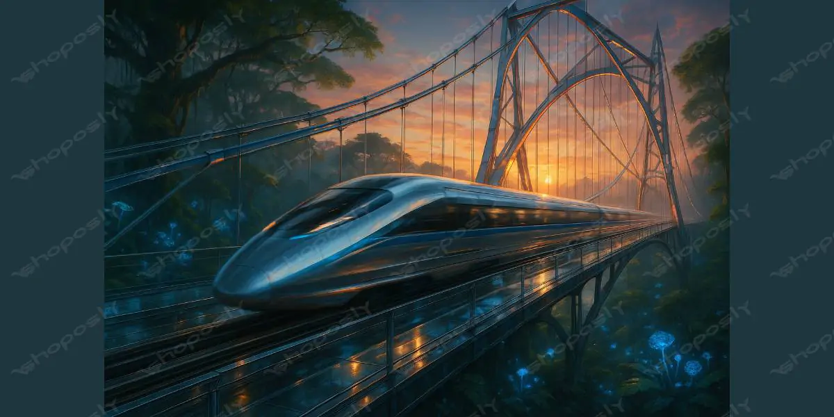 Levitating Train Over Rainforest – Futuristic High-Speed Bridge at Sunset – 1536 x 1024 Pixels