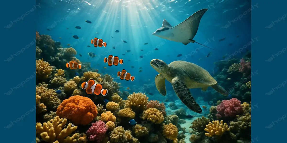 Vibrant Coral Reef – Tropical Underwater Scene with Turtle, Clownfish & Manta Ray –1536 x 1024 Pixel