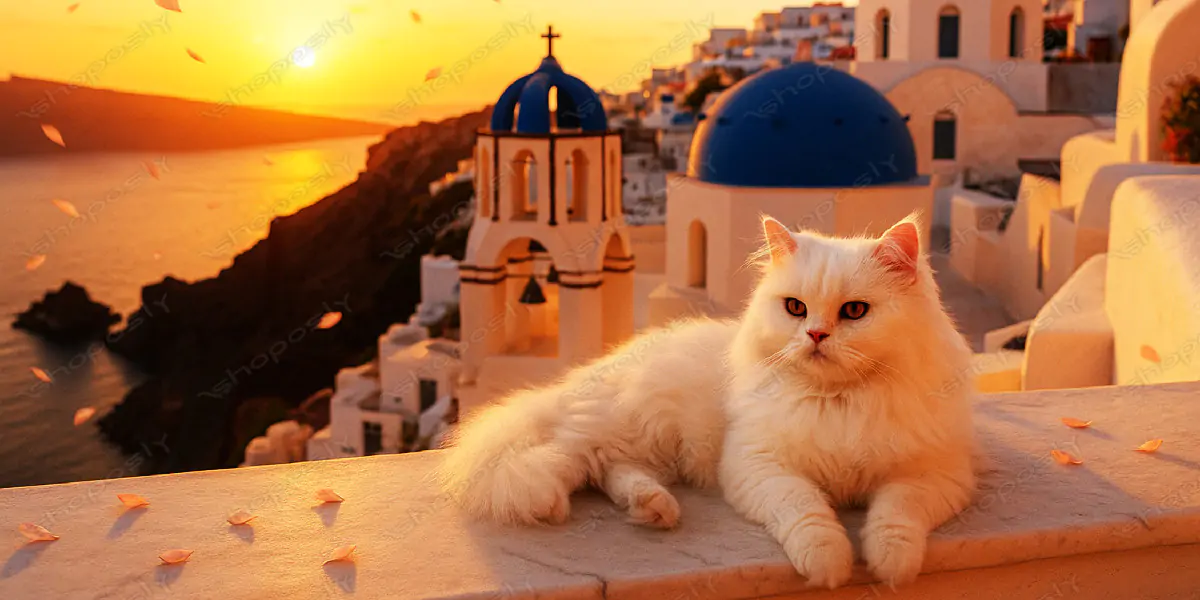 Persian Elegance in Santorini – Ultra-Realistic White Cat Relaxing at Sunset in Greece (4500 x 3000)