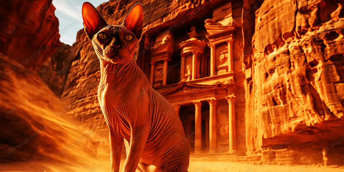 Mystic Sentinel – Ultra-Realistic Sphynx Cat at Petra’s Ancient Treasury (4500 x 3000 px, 300 DPI)