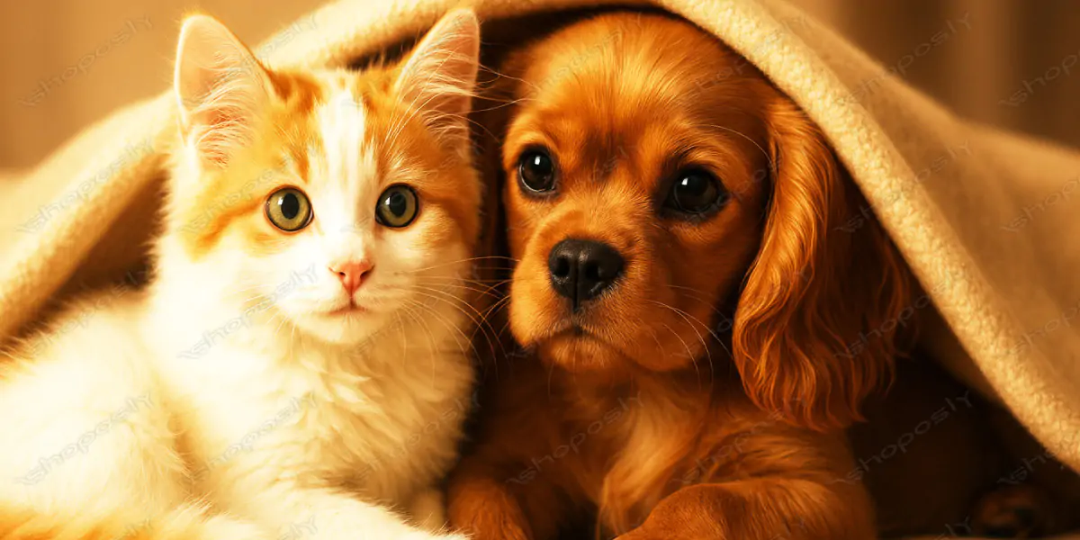 Adorable Kitten and Puppy Cuddled Under Cozy Blanket – Heartwarming High-Resolution Pet Portrait