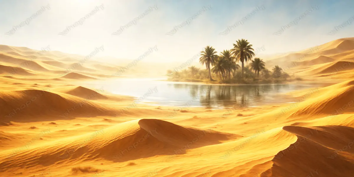 Golden Dunes and Tranquil Waters – Serene Desert Oasis Mirage at 4500x3000 Resolution