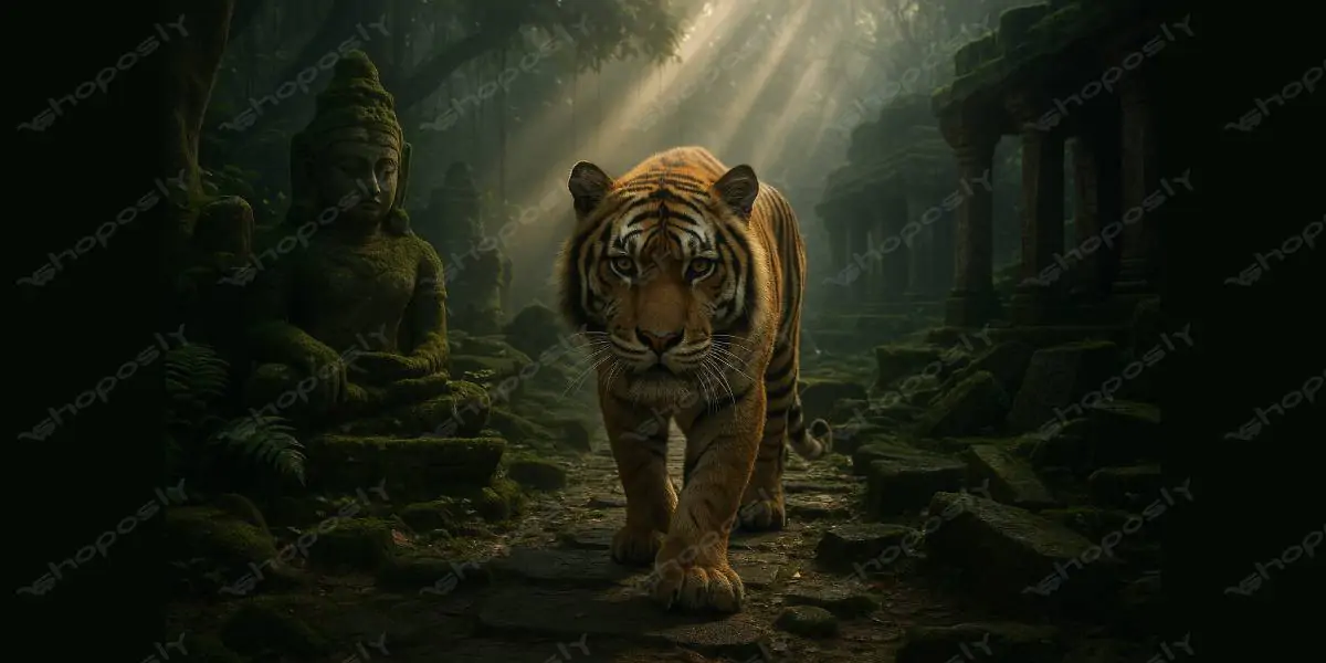 Tiger Amidst Ancient Ruins – Jungle Temple Encounter at Dawn – 1536 x 1024 Pixels, DPI: 72 Pixels/In