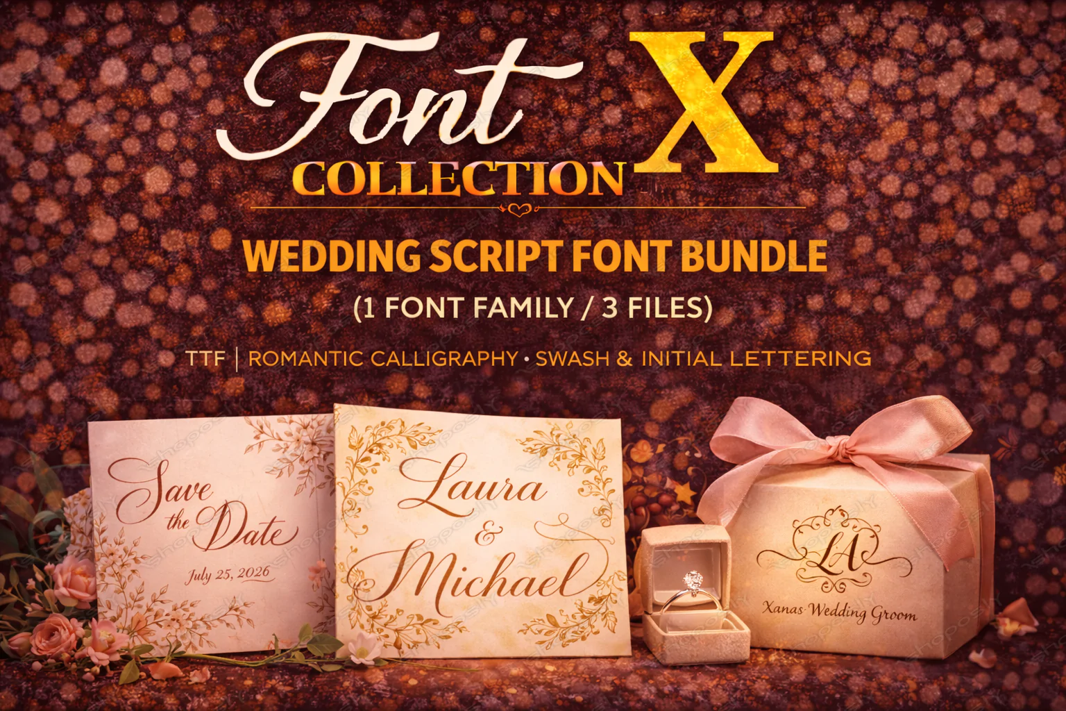 Font Collection X – Wedding Script Font Bundle (1 Family / 3 Files) | TTF | Romantic Calligraphy