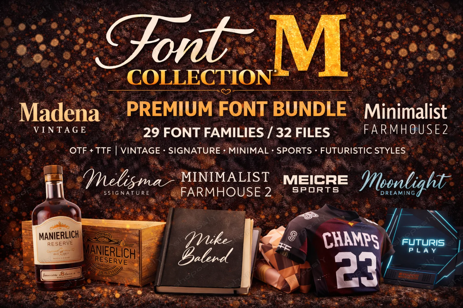 Font Collection M – Premium Font Bundle (29 Families / 32 Files) | OTF + TTF | Vintage, Signature