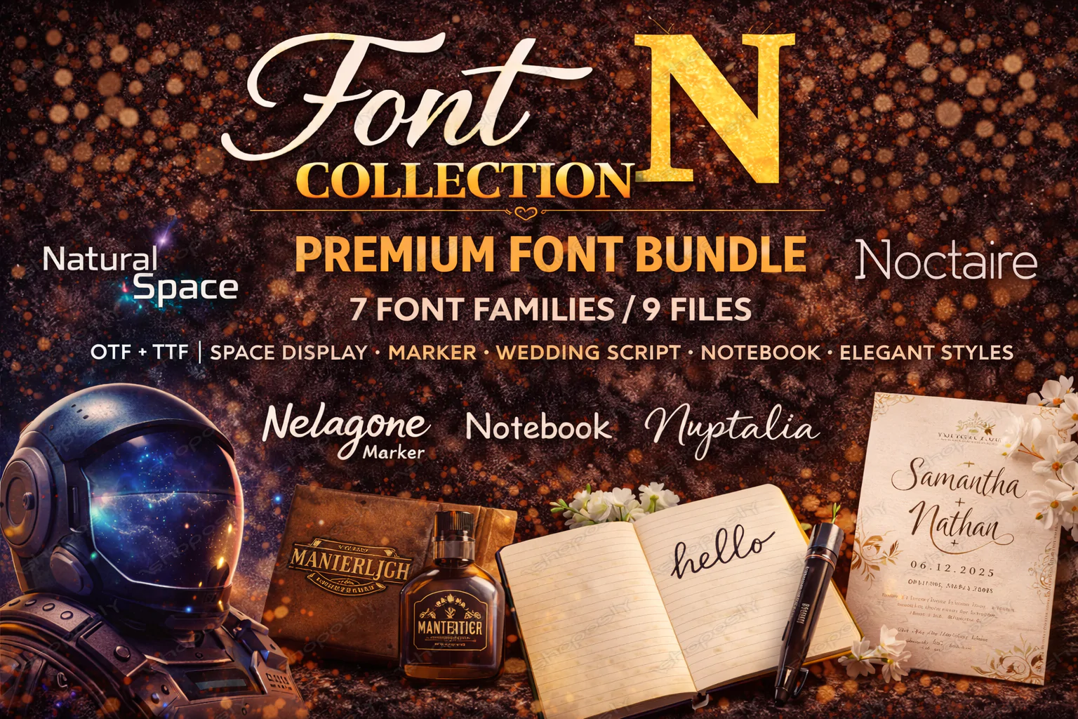 Font Collection N – Premium Font Bundle (7 Families / 9 Files) | OTF + TTF | Space Display, Marker