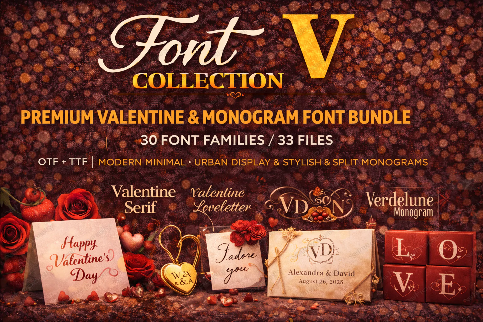 Font Collection V – Premium Valentine & Monogram Font Bundle (30 Families / 33 Files) | OTF + TTF