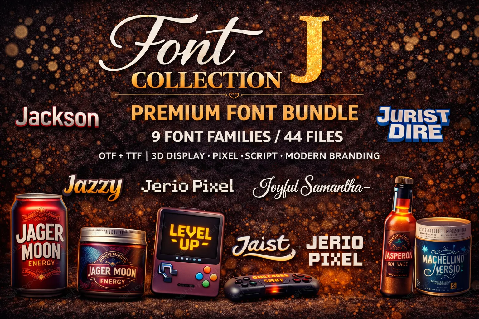 Font Collection J – Premium Font Bundle (9 Families / 44 Files) | OTF + TTF | 3D Display, Pixel