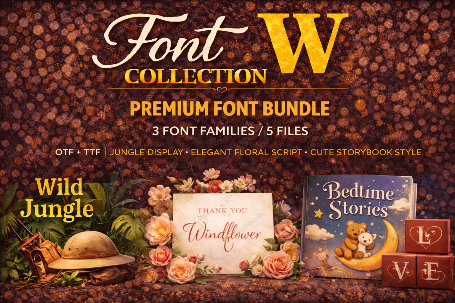 Font Collection W – Premium Font Bundle (3 Families / 5 Files) | OTF + TTF | Jungle Display, Elegant
