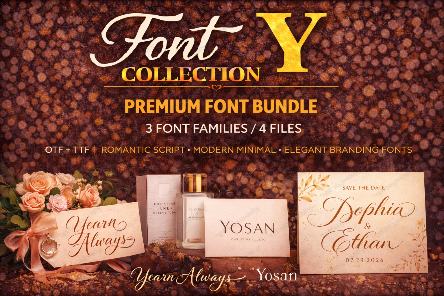 Font Collection Y – Premium Font Bundle (3 Families / 4 Files) | OTF + TTF | Romantic Script, Modern