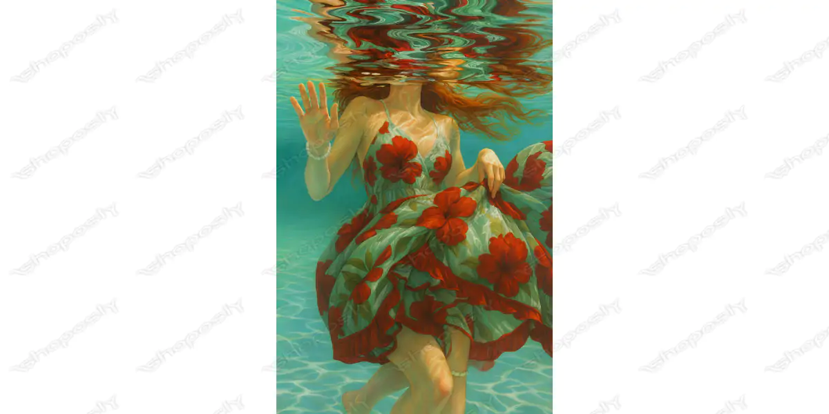 Submerged Grace – Dreamlike Underwater Portrait Painting in Floral Motion 30 x 45 cm 300 DPI