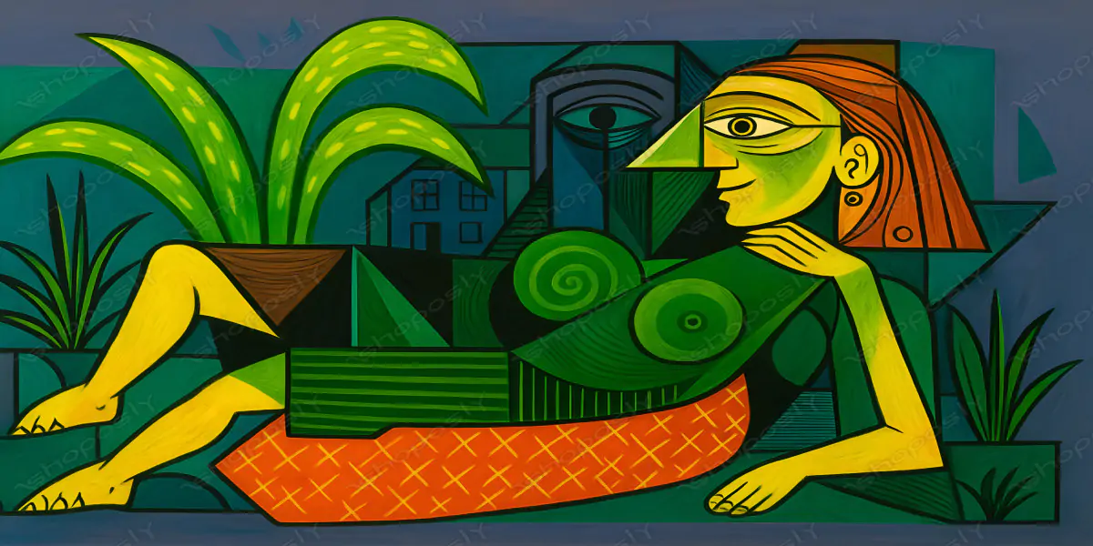 Emerald Reverie – Modern Cubist Woman in a Symbolic Landscape 45 x 30 cm 300 DPI