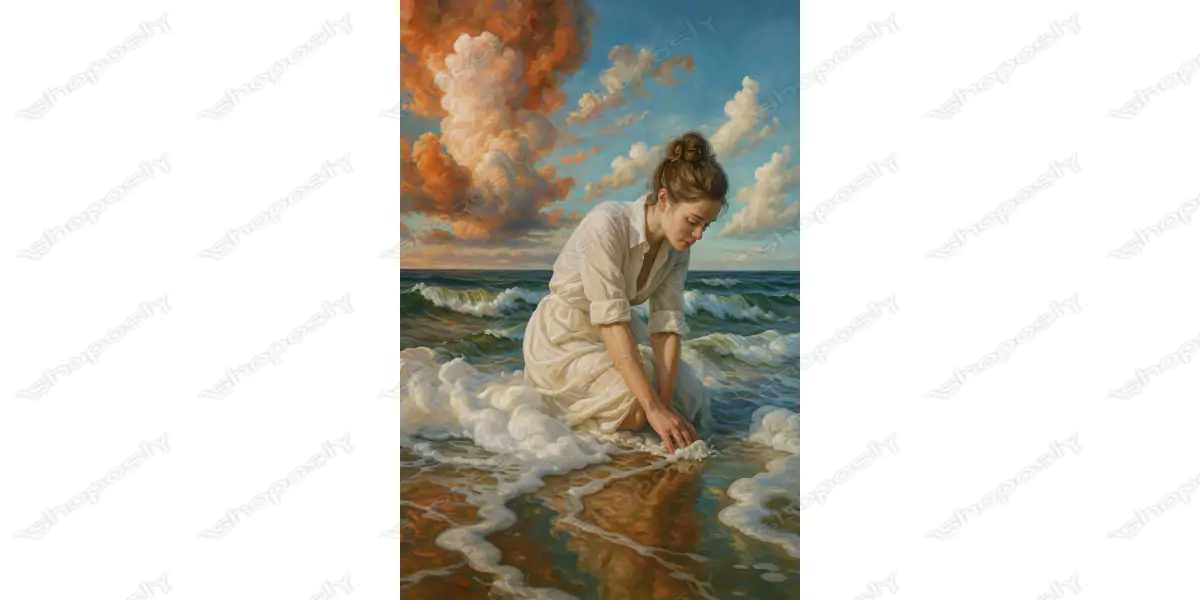 Whispers of the Tide – Serene Seaside Portrait Painting at Golden Light 30 x 45 cm 300 DPI