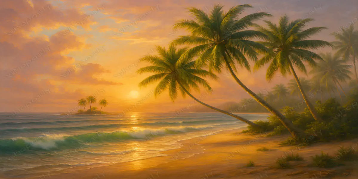 Golden Palm Shore – Tropical Sunset Beach Painting with Warm Ocean Light 45 x 30 cm 300 DPI