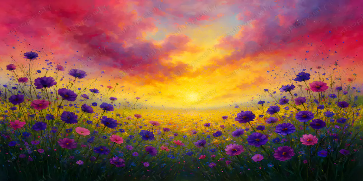 Golden Horizon Bloom – Vibrant Wildflower Meadow Painting at Sunset 45 x 30 cm 300 DPI